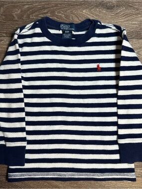 Polo Ralph Lauren White Navy Blue Stripes Waffle Knit Long Sleeve Toddler 3T